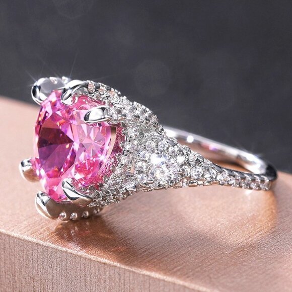 😍Pink Heart CZ Anillos Shiny Diamonds Silver Plated Heart Ring for Women, L117 - Picture 5 of 7